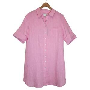 Sara Campbell Bailey Linen Shirtdress Button Front Elbow Sleeve Fuchsia L NWT